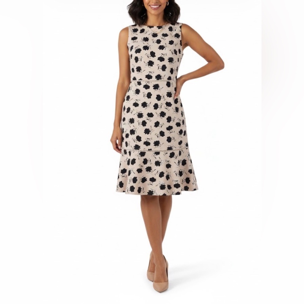 Ann Taylor Sleeveless Floral Tiered Flare Dress Nude and Black flowers Sz 6